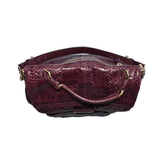 Auth NINA RICCI Drk Raspberry Python Texture Leather Fold Over Liane Satchel Bag - Picture 3 of 12